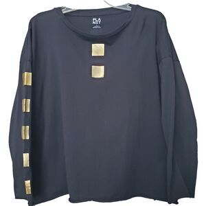 Planet by Lauren G 100% Pima Cotton Black Gold Foil Cubes Long Sleeve T-Shirt OS